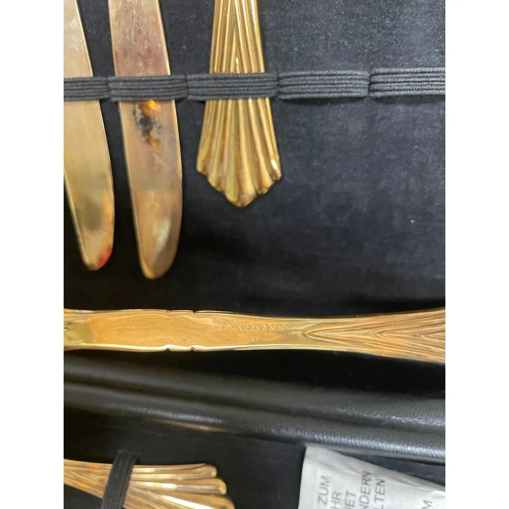 Vtg Wm Rogers & Sons Golden Royal Plume Gold Plated Flatware Set Cutlery w Case